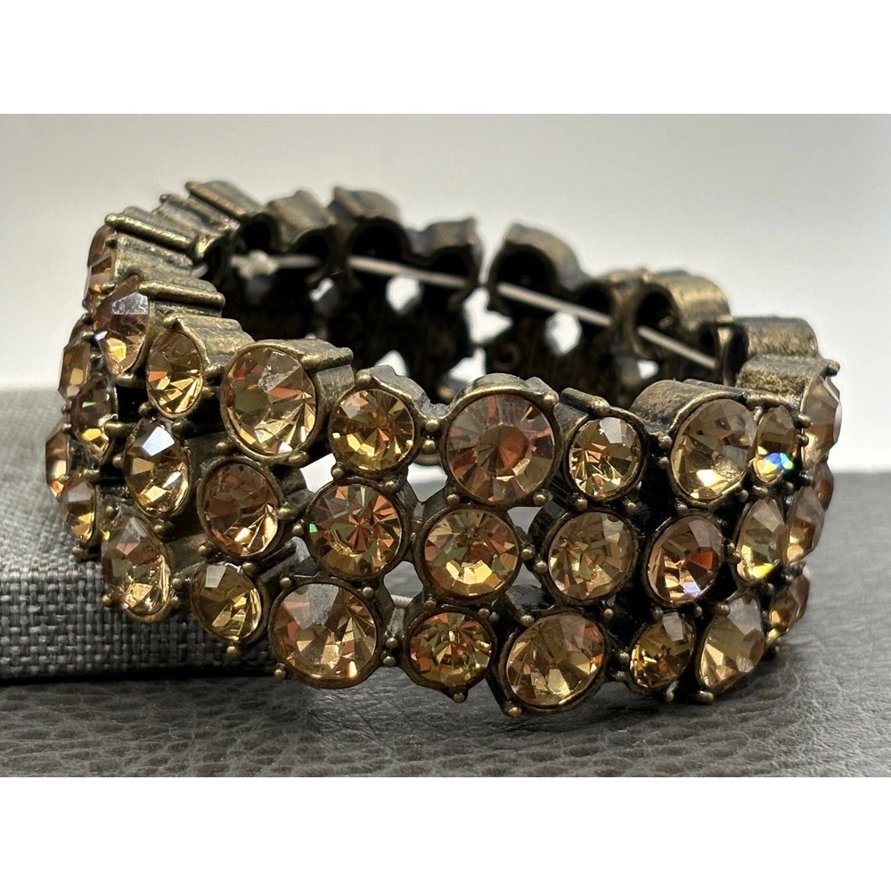 J. Crew Rhinestone Wide Stretch Bracelet Champagne Color Crystal Brass Tone